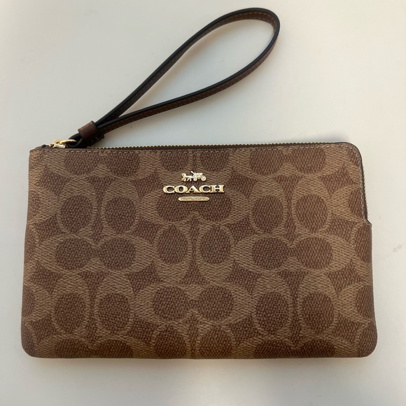 Coach Signature Tan and Brown Wristlet - Picture 1 of 7